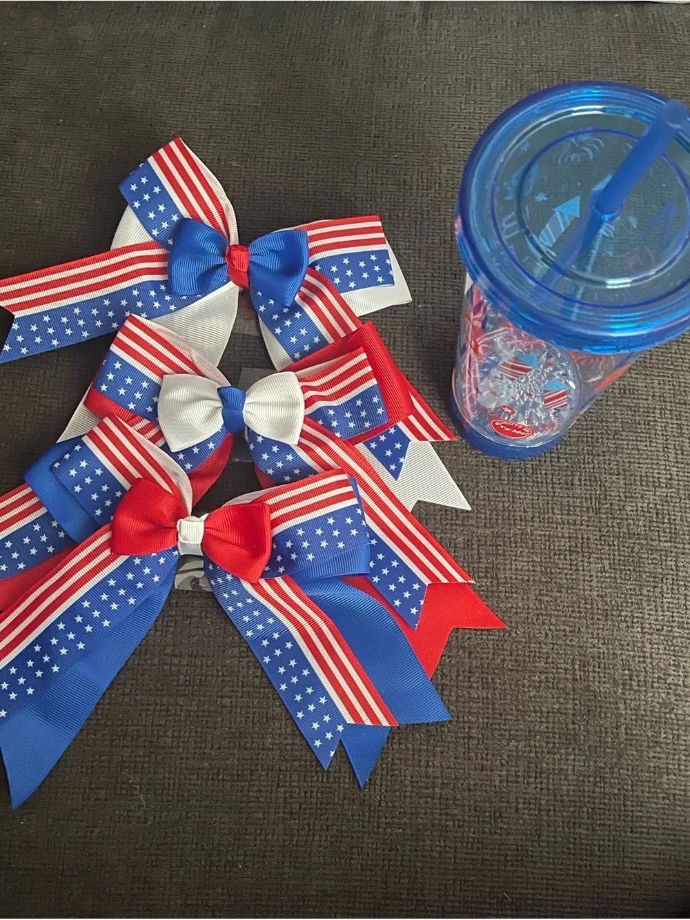 Patriotic Red White Blue Hair Bows & Light Up Tumbler